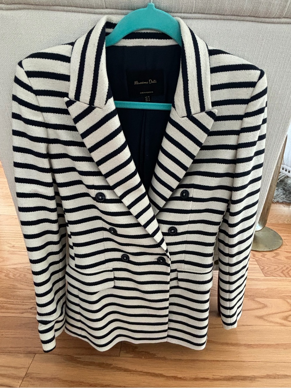 Massimo Dutti Black and White Striped Double-Breasted Blazer